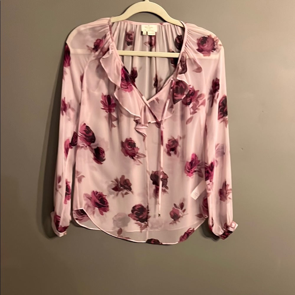 Kate Spade Encore Rose Pink Ruffled Tie Front Blouse 100% Silk